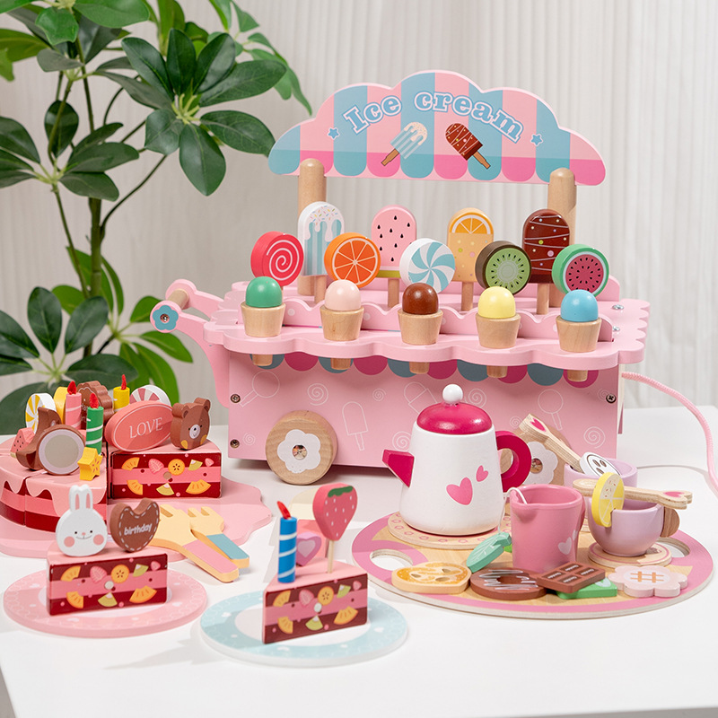 Cross-border children's early education role-playing toys, simulated afternoon tea, dessert and cake set, wooden cutter fun kindergarten