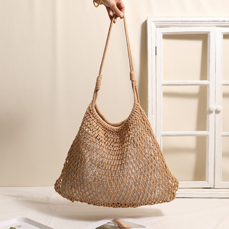 Fashionable fan-shaped large cotton thread woven bag, new large-capacity hollowed-out single-shoulder straw woven bag, beach vacation bag details Picture