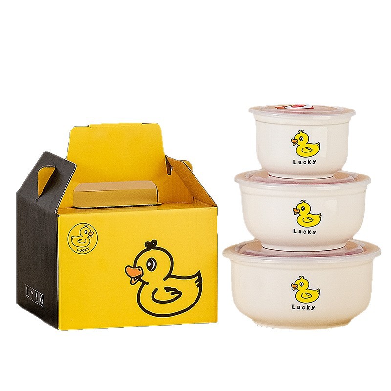 Little Yellow Duck Gift Set, wholesale of three-piece fresh-keeping bowls with LIDS, sealed bowls, household instant noodle bowls, and opening souvenirs Item Picture
