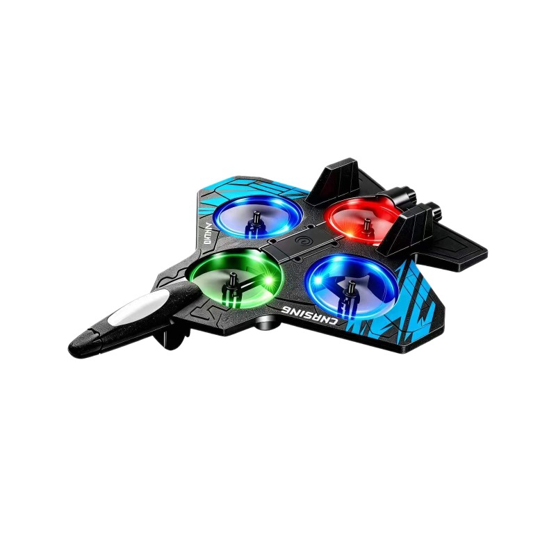 A black sci-fi fighter jet-shaped quadcopter drone with colorful LED lights and the CNASING lettering Item Picture