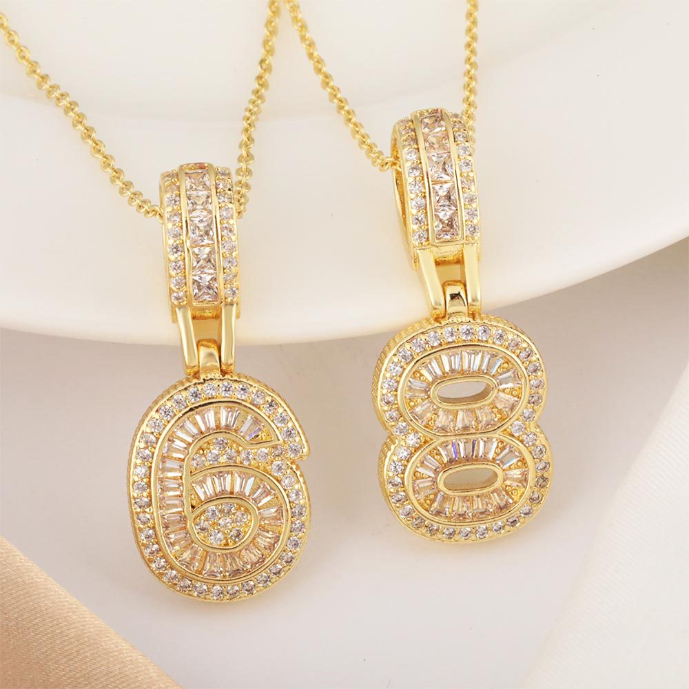 DIY European and American hip-hop accessories, copper pendant with numbers 0-9, couple's birthday gift, copper inlaid zircon necklace details Picture