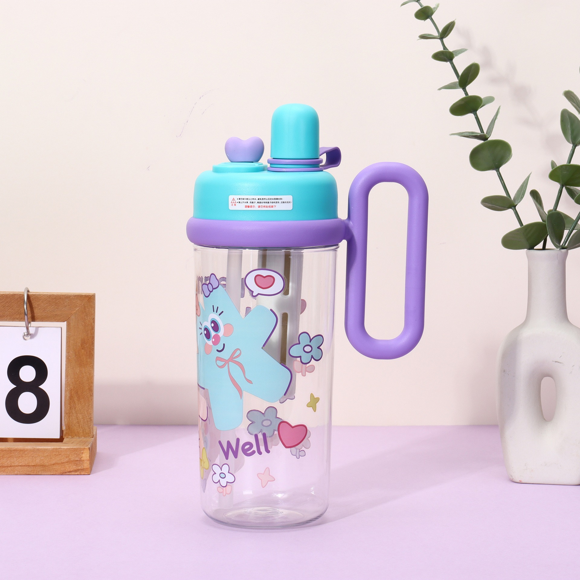 New cartoon children's plastic water cup with high appearance level, girls' double-drinking cup, large-capacity portable student cup Item Picture