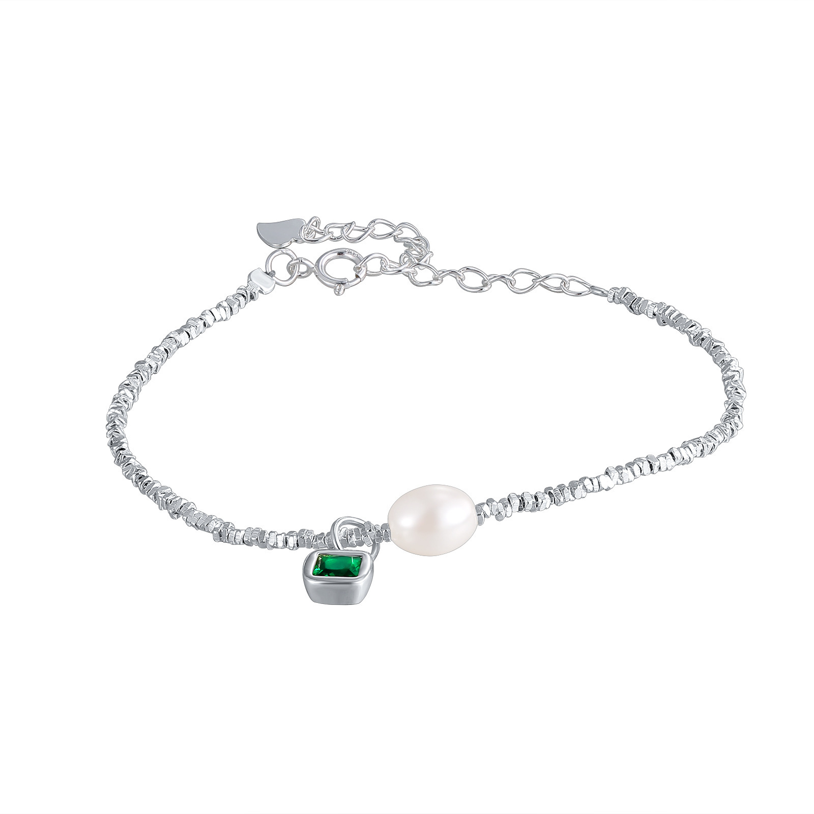 Green square diamond pendant pearl women's bracelet, ins niche design, small silver pieces, fresh and clean wholesale style Item Picture