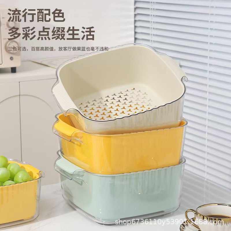 Durable household double-layer vegetable and fruit draining basket, living room vegetable washing basket, double-ear handle plastic kitchen vegetable washing basin for storage Specification image