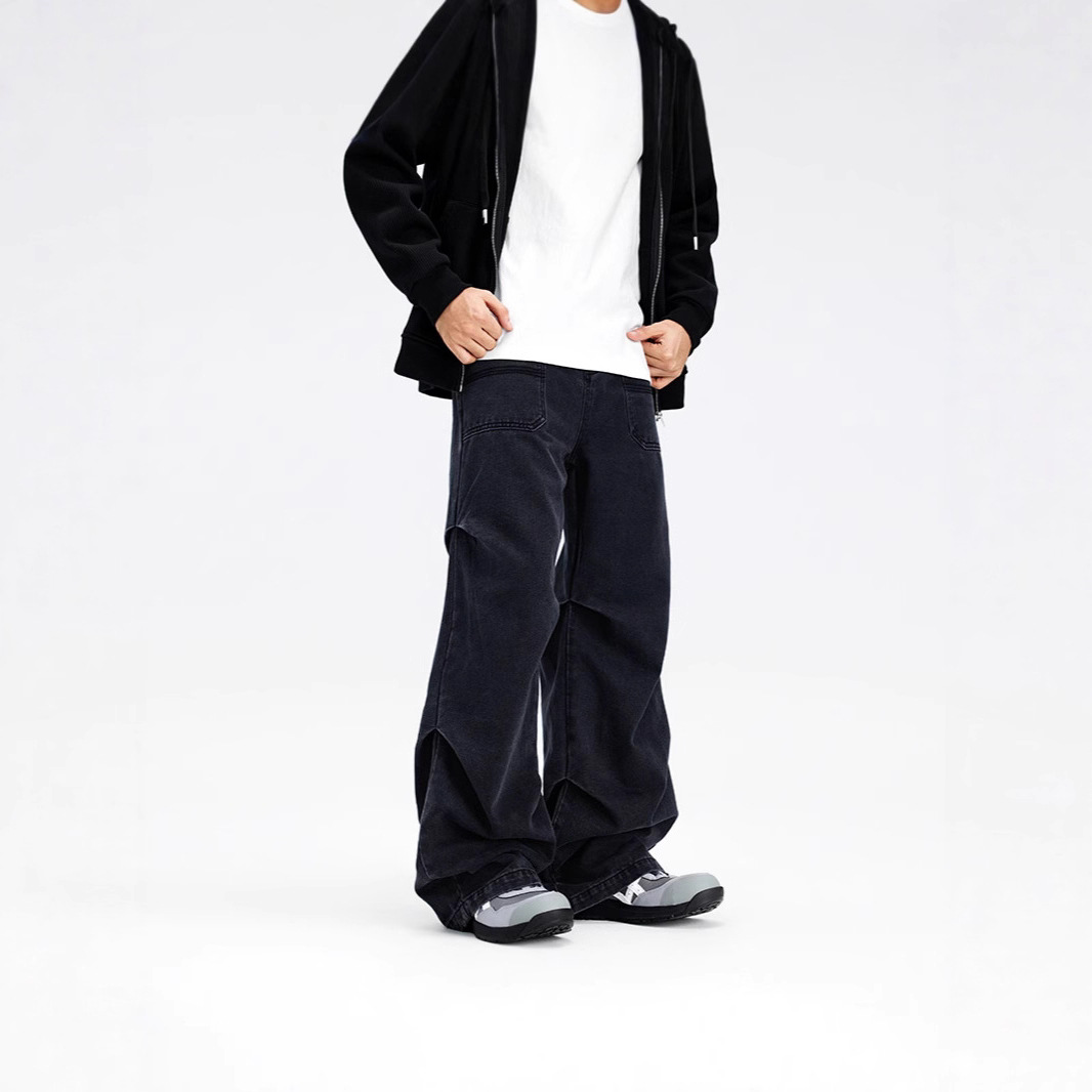 Casual straight-leg slightly flared jeans for men, loose wide-leg pants for men, classic men's casual pants for teenagers details Picture