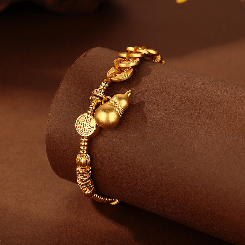 Retro Five Emperors coin sand gold bracelet, new Chinese-style fashionable gourd pendant, coiled light luxury jewelry, handcrafted Chinese style Specification drawing