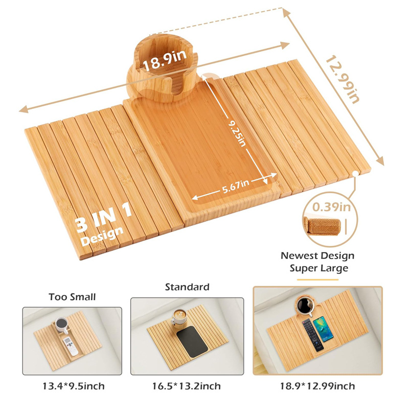 Bamboo sofa cup holder tray set, bamboo and wood anti-slip sofa armrest tray, TV drama and snack tray, sofa table clamp Application Scenario