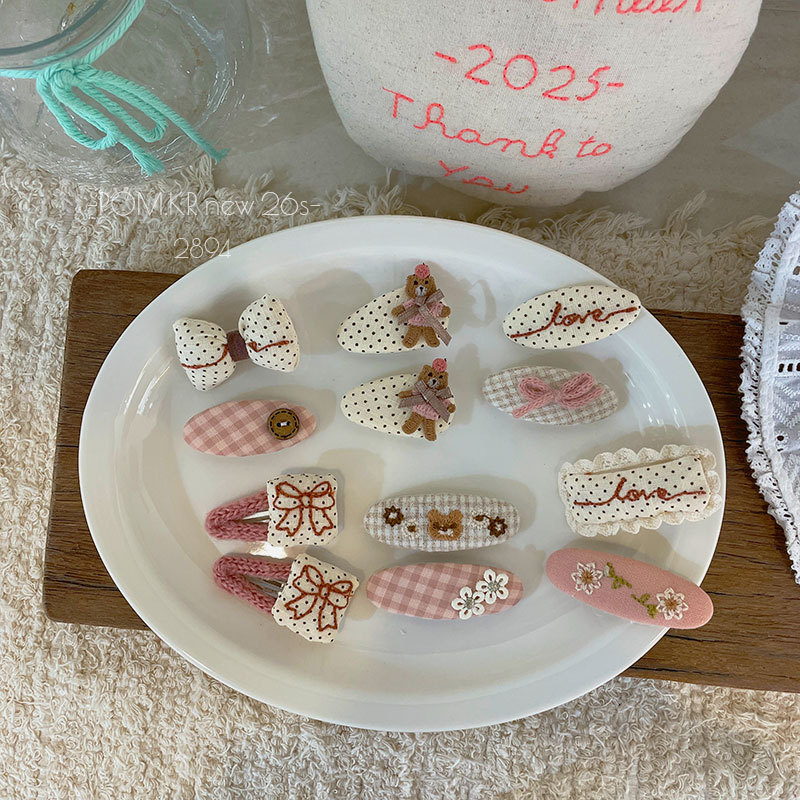 New Korean-style pink embroidered polka dot hair clip fabric children's side broken bangs clip Bye clip hair accessory for women details Picture