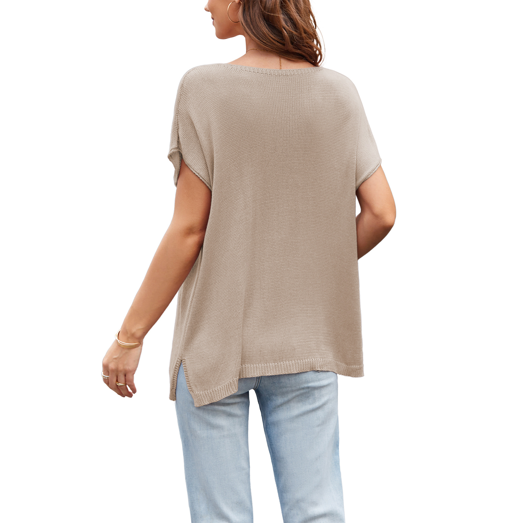 New V-neck loose plus-size casual European and American women's pullover short-sleeved knitted sweater for Spring/Summer 2026 cross-border Amazon Application Scenario