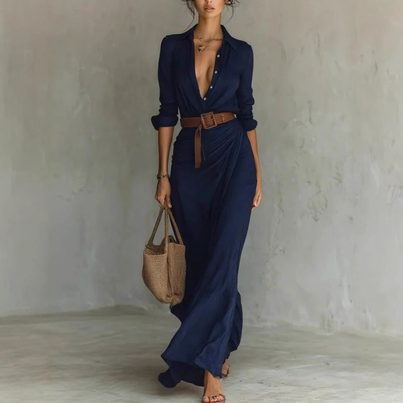 2025 Independent Station European and American women's clothing autumn elegant and sexy solid color irregular pleated belt-fitted dress details Picture