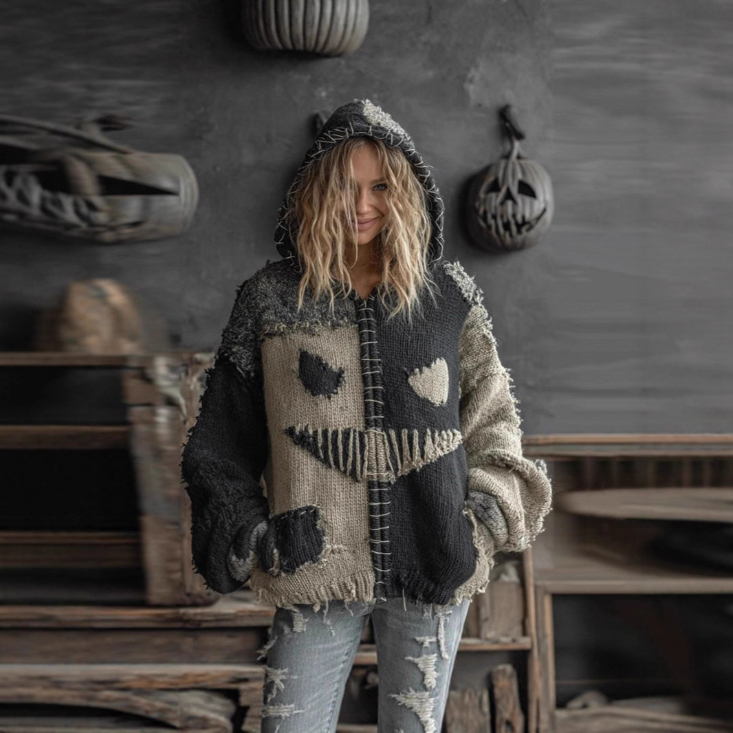 Cross-Border Autumn And Winter New European-Style Halloween Parody Digital Print Zipper Pumpkin Hooded Imitation Knitted Sweater Specification drawing