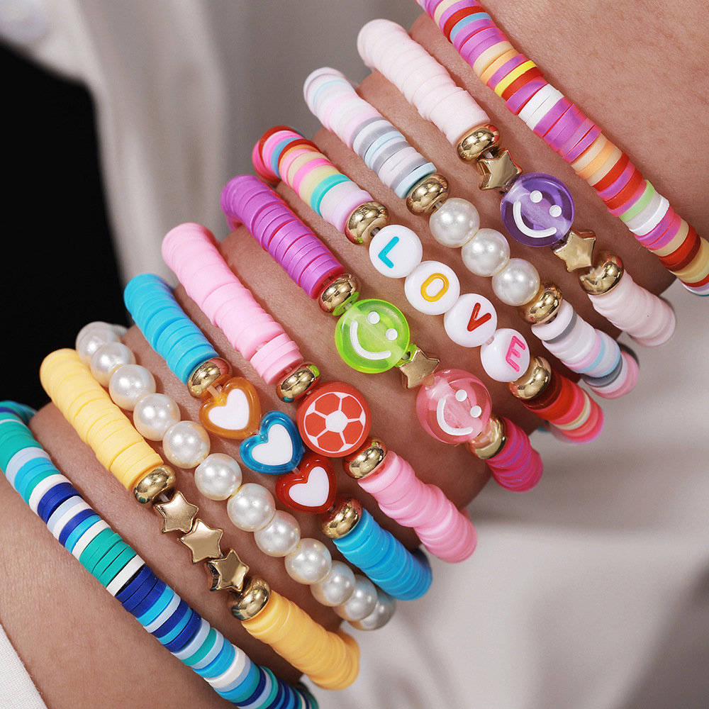 Cross-border best-selling colorful bracelets, summer beach vacation style soft clay bracelets, stacked couple letters, smiling face bracelets for women details Picture