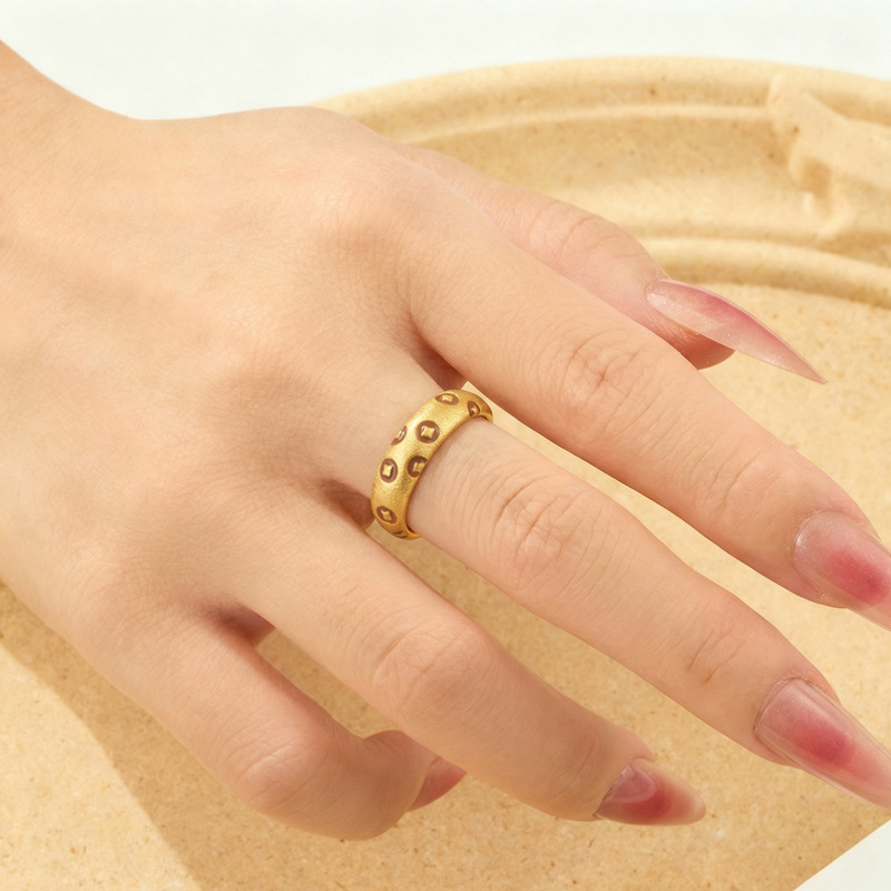 New Chinese-style money-attracting coin open ring, copper alloy real gold electroplated brushed process, oil-dripping high-end ring ring details Picture