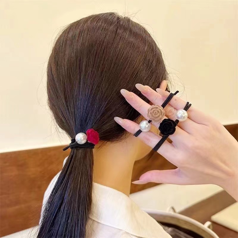 French high-end retro pearl rose flower hair tie and hair band, girls' high school elastic rubber band hair tie, ponytail headwear Specification image