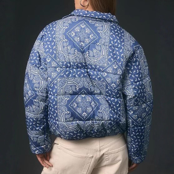 European and American cross-border trade cashew pattern printed women's winter thickened stand-up collar loose cotton jacket MG570 details Picture