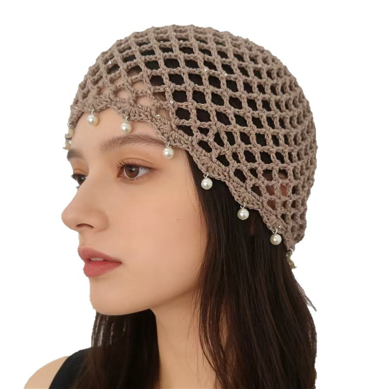 Handwoven hollow headcap mujeres verano transpirable renaissance vintage pearl deco sombrero de punto versátil sombrero de moda Item Picture