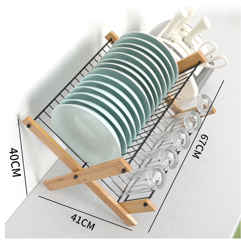 Bamboo and wood foldable dish storage rack, bowl rack, draining rack, countertop, multi-functional kitchen storage rack, multi-layer wholesale details Picture
