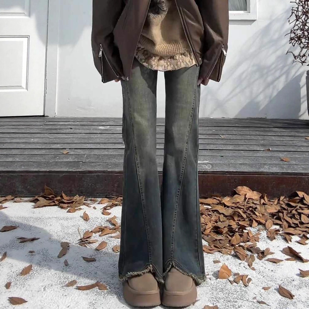 Cement grey fringed, slit, slightly flared jeans for women, spring and autumn, plate-sized, plump girls, high-waisted, slimming, hip-covering, elastic flared pants