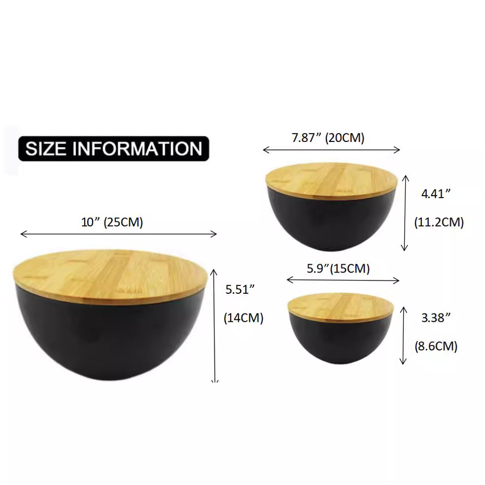 Three sets of bamboo fiber salad bowls, large, medium and small, with bamboo LIDS for fruit and vegetable salad snacks details Picture