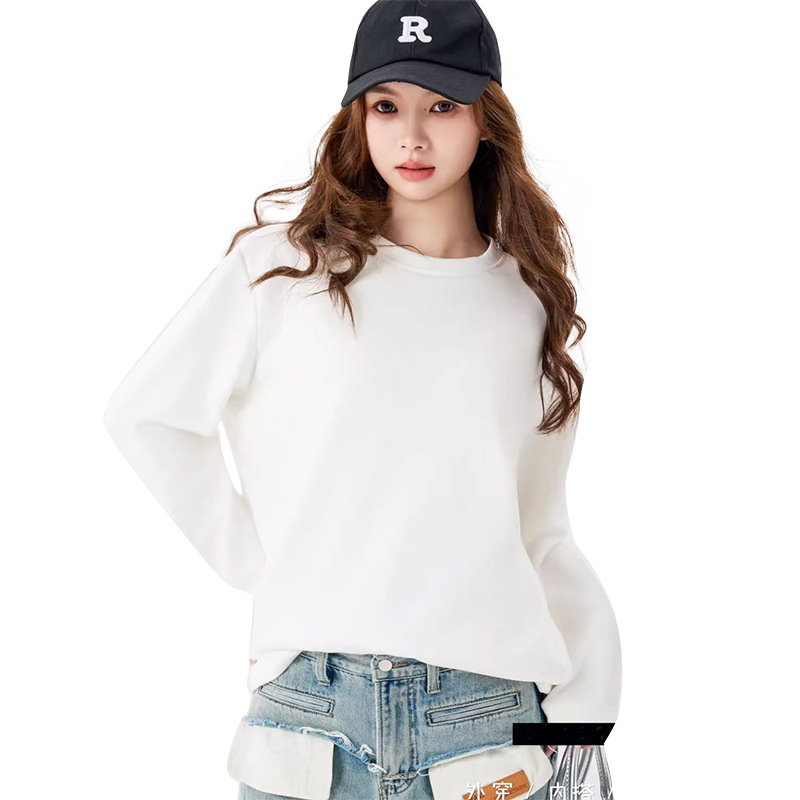 Machine-washable 90 goose down T-shirt, long-sleeved women's down warming inner layer, autumn and winter warm top, three-proof round-neck sweatshirt, white Item Picture