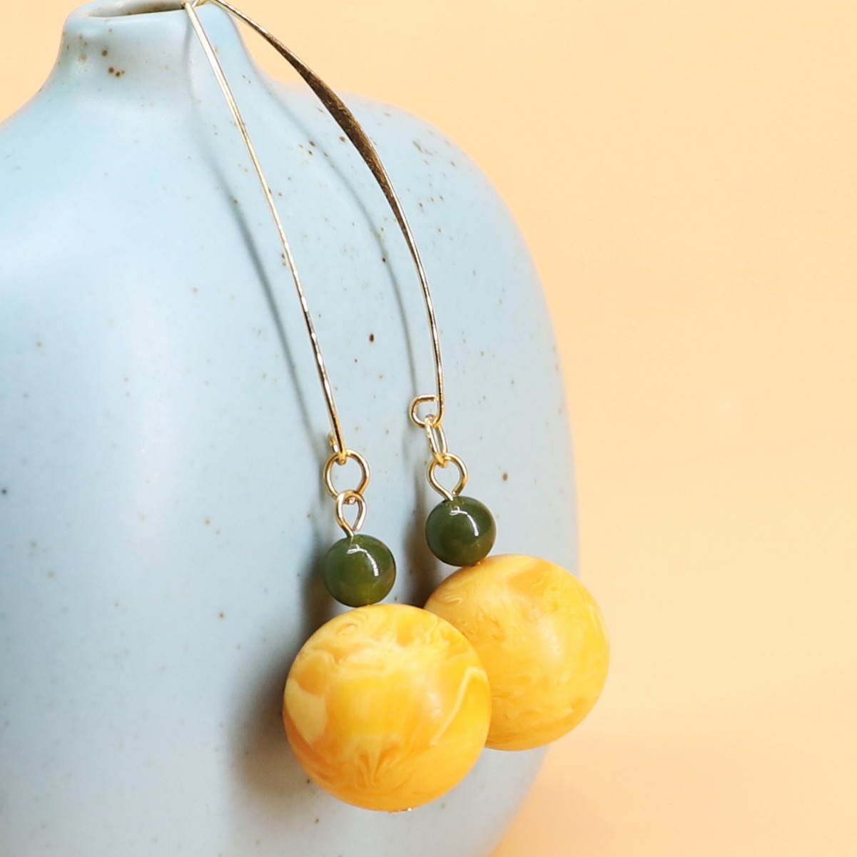 Trendy and personalized beeswax balls, Dongling jade ear hook long creative long hook earrings, ethnic style accessories, female Internet celebrity charm details Picture