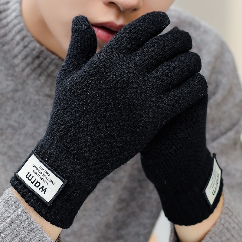Factory wholesale knitted woolen gloves for men's winter warmth, new Korean-style thickened and fleece touch screen gloves with labels Specification image