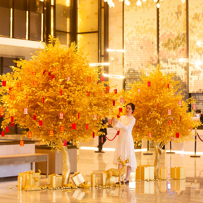 Simulated golden banyan tree, money-shaking decoration, money tree, New Year's money tree, wish tree, large artificial tree hotel details Picture