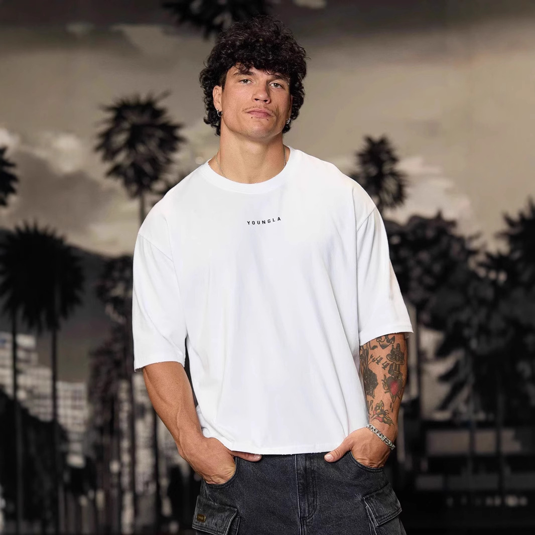 YOUNGLA's new American men's T-shirt is a casual and loose trendy brand for summer men's wear, featuring printed cotton short-sleeved sports T-shirts Specification image