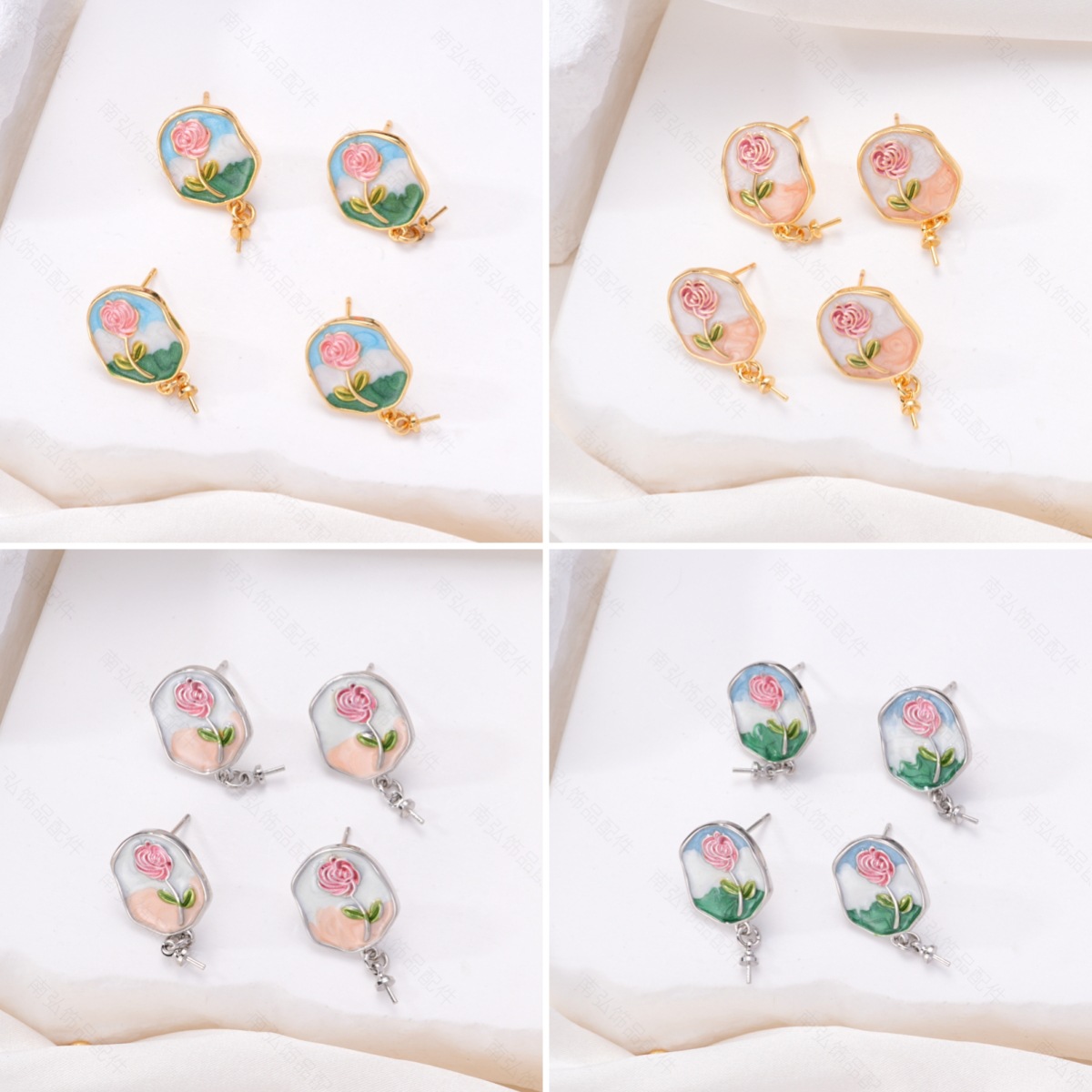 S925银针珍珠耳钉耳针丹桃玫瑰花莫奈滴油中古油画国风diy铜配件