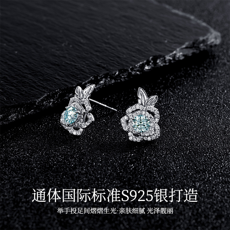 Zhuoheng Select S925 pure silver original Design Rose Double Leaf Full Diamond Mosang earrings with a light luxury and high-end feel details Picture