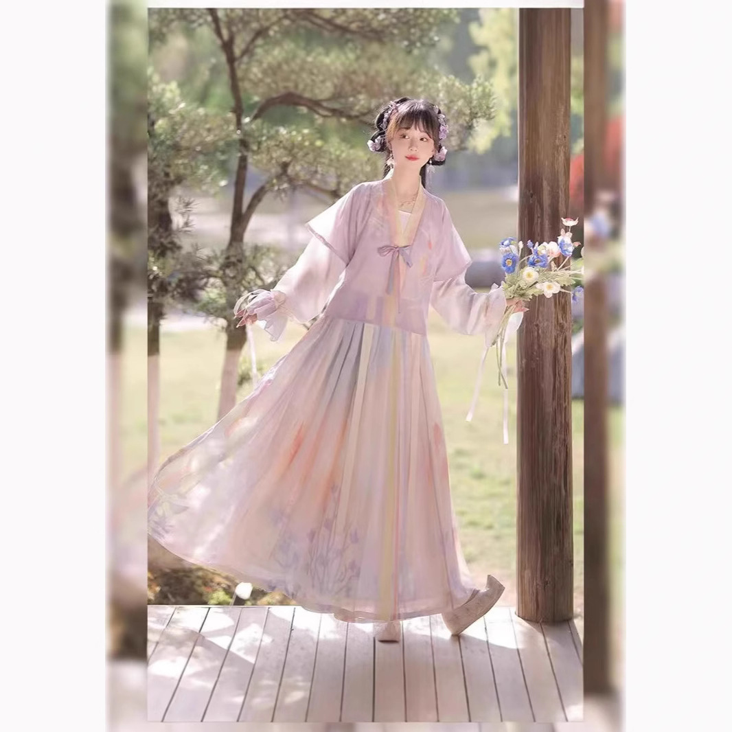 Chinese trend Hanfu women Tang 褙子 round-neck short shirt pleated skirt original waist-length Chinese style daily adult ancient costume spring and autumn complete set Specification image
