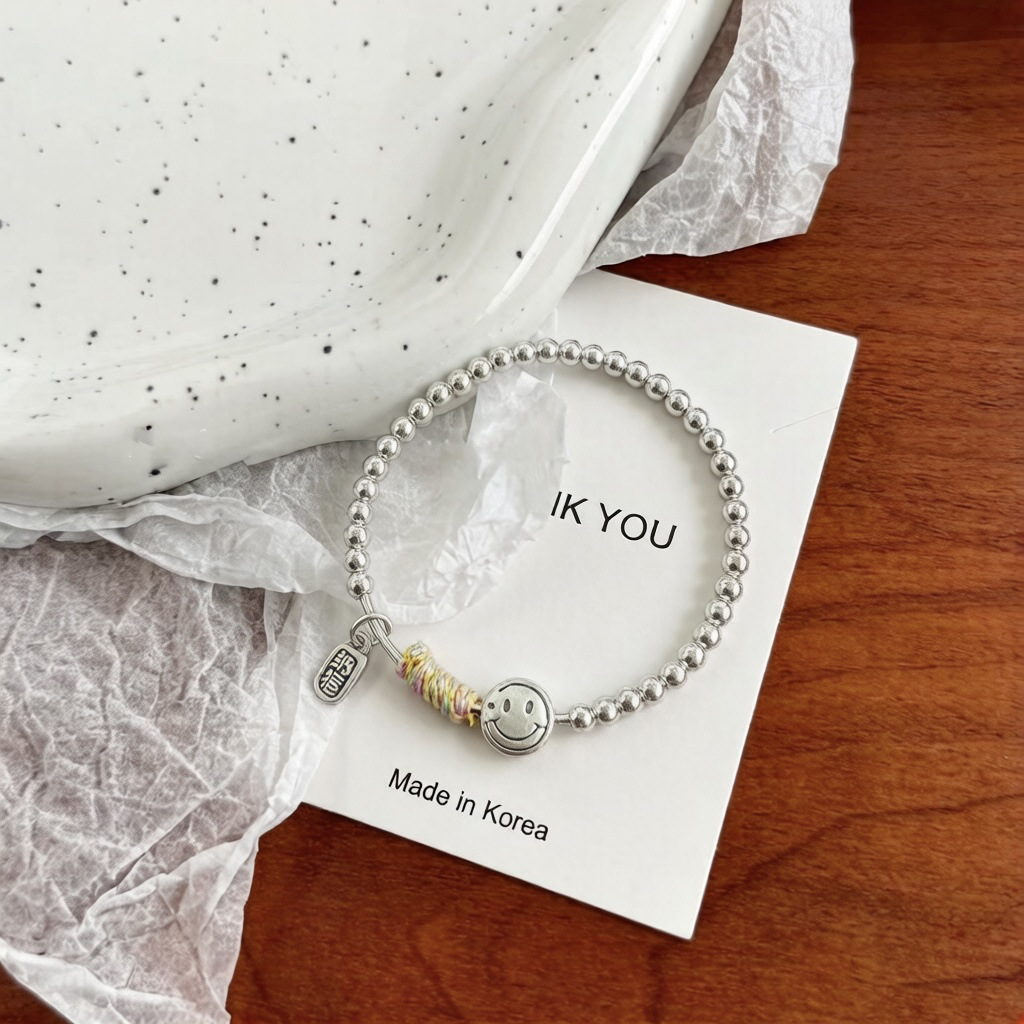 999 pure silver 3.6 smiling face silver bead bracelet for women's gift, Instagram, simple and versatile elastic string bracelet Item Picture