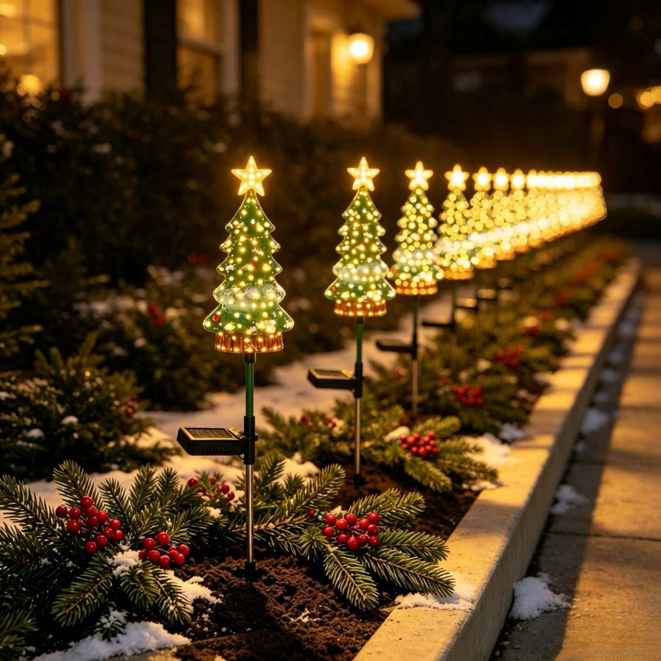 Christmas decorations, solar-powered Christmas ornaments, green Christmas tree shaped solar lighting fixtures, floodlights, outdoor energy-saving and environmentally friendly portable monitoring street lamps, lighting products details Picture