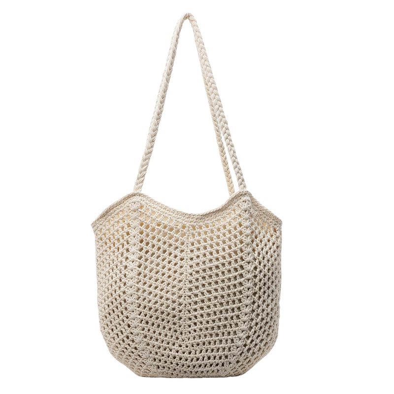 Cross-Border Woven Bags, Casual Large-Capacity Cotton Thread Woven Bags, New Hollowed-Out Straw Woven Bags, Laid-Back Style Single-Shoulder Bags, Vacation Beach Bags, Women's Bags, Crossbody Tote Bags, Woven Bags Item Picture