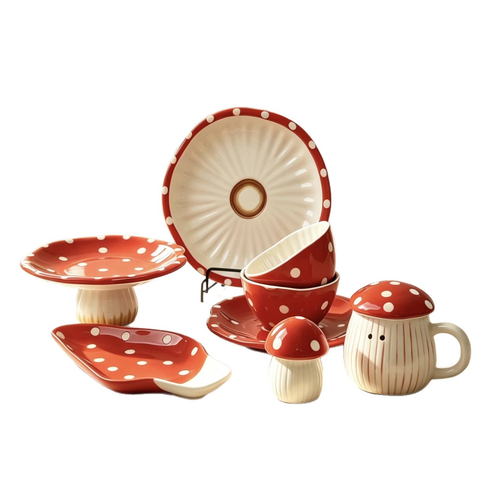 Cute red mushroom polka dot ceramic tableware set, cartoon mushroom mugs, plates and bowls, popular children's tableware Item Picture