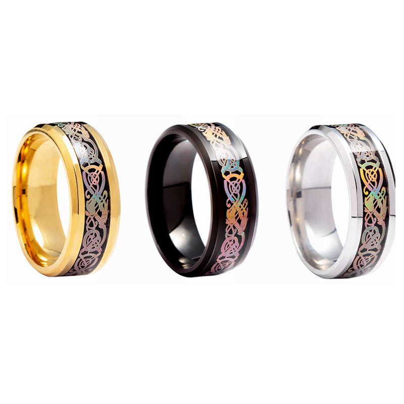 工厂新款欧美神话男士饰品彩色龙纹钛钢戒指电镀不掉色标准美码