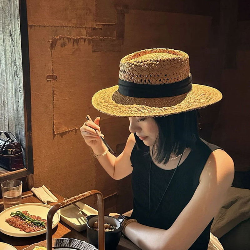Inglés retro sombrero de copa plana mujer salir de moda verano sombrero de protección solar versátil temperamento francés old money sombrero details Picture