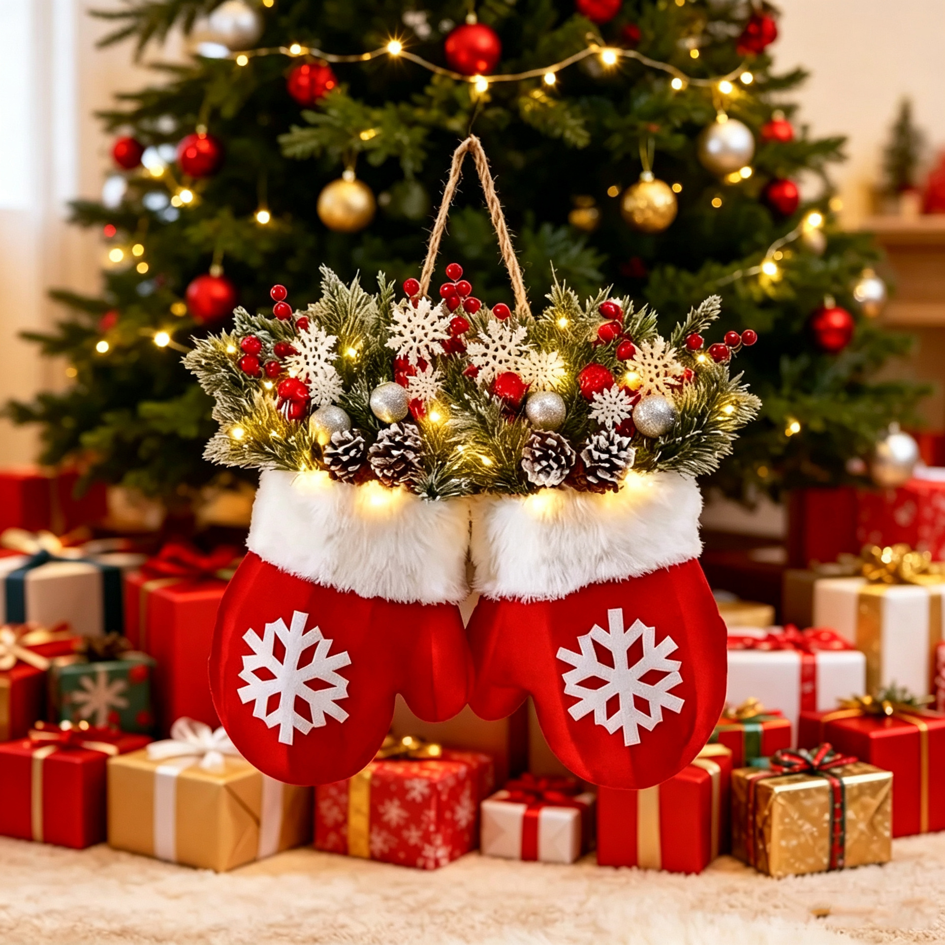 Christmas glove pendants, Christmas tree decorations, pine branches, snowballs, pinecones, and colorful lights embellish the background of gift boxes, creating a festive atmosphere