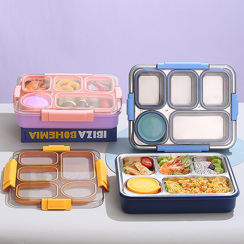 A stainless steel insulated lunch box with multiple compartments for students to bring their own meals. It is a specially designed lunch box with independent compartments and sealed to prevent odors from crossing