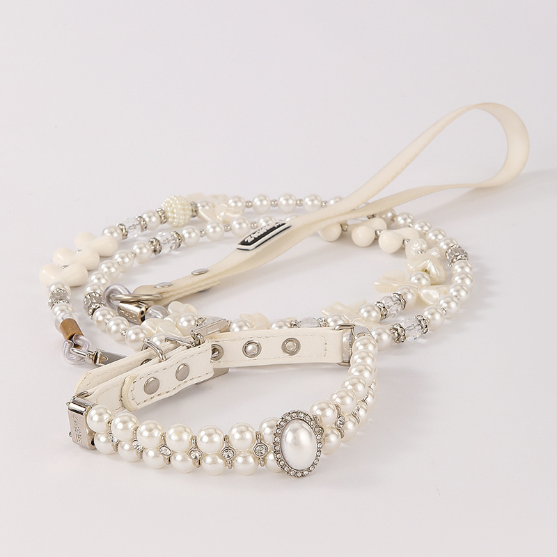 New large pearl diamond necklaces for cats and dogs, small pet dog wire rope beaded necklaces details Picture