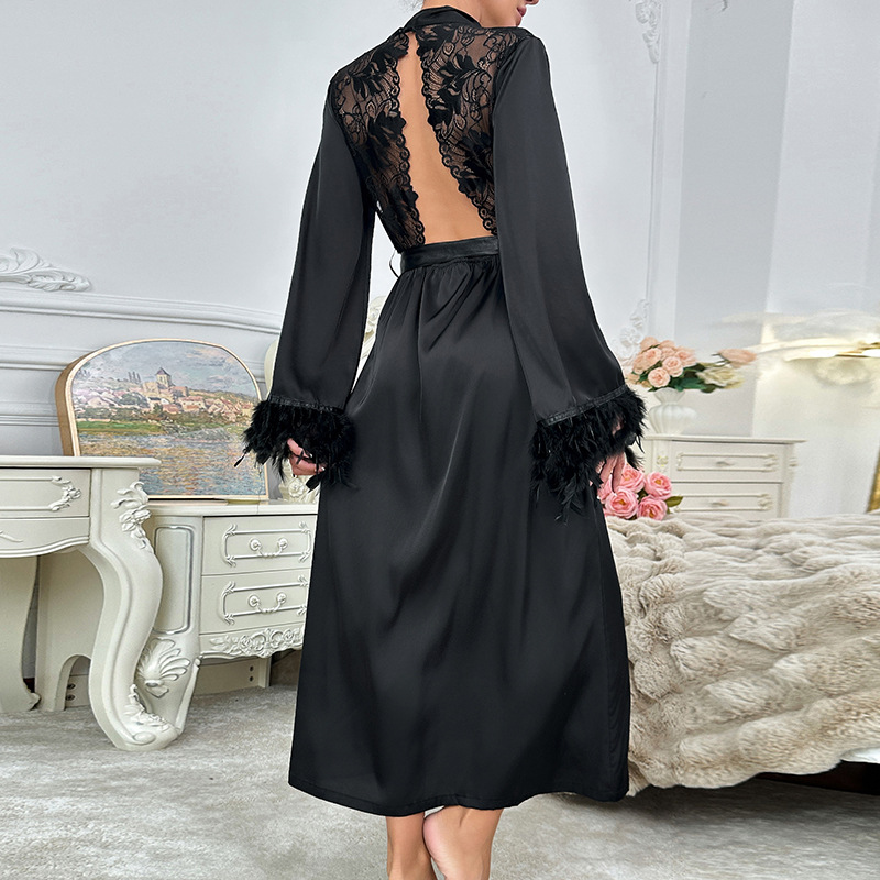 Light luxury foreign trade style fluffy fluffy decorated loose satin bathrobe, long tie V-neck bathrobe, women's home wear 809 Specification drawing