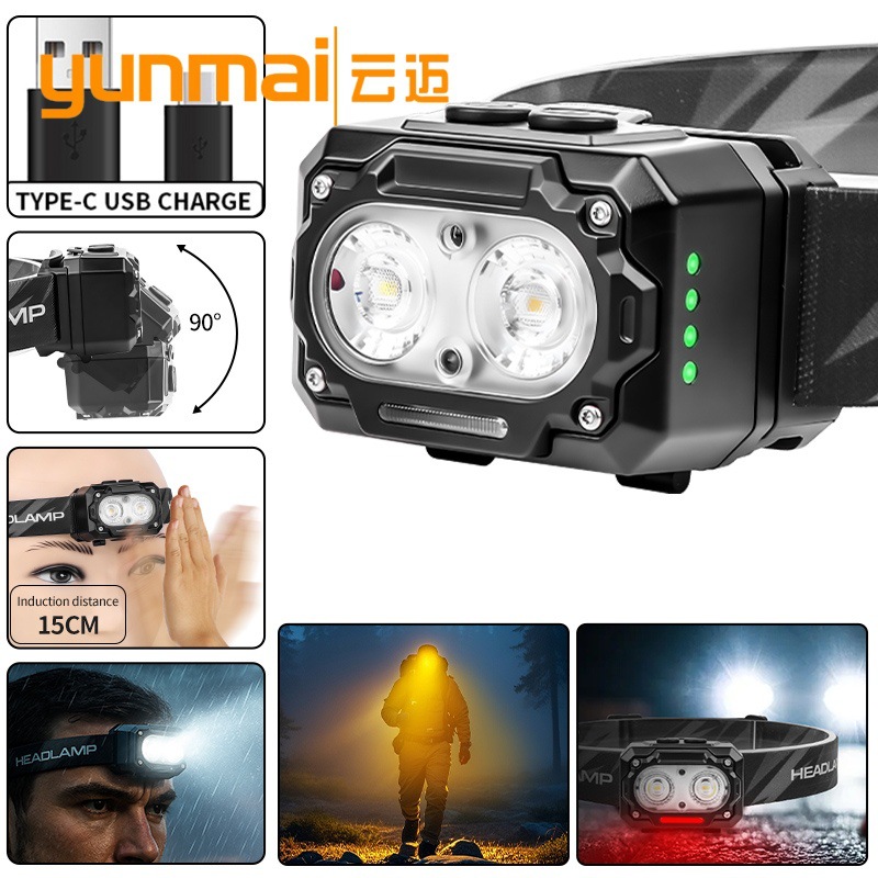 Wow Customized cross-border LED sensor small headlamp with lithium battery 3AAA universal strong light TYPE-C charging headlamp