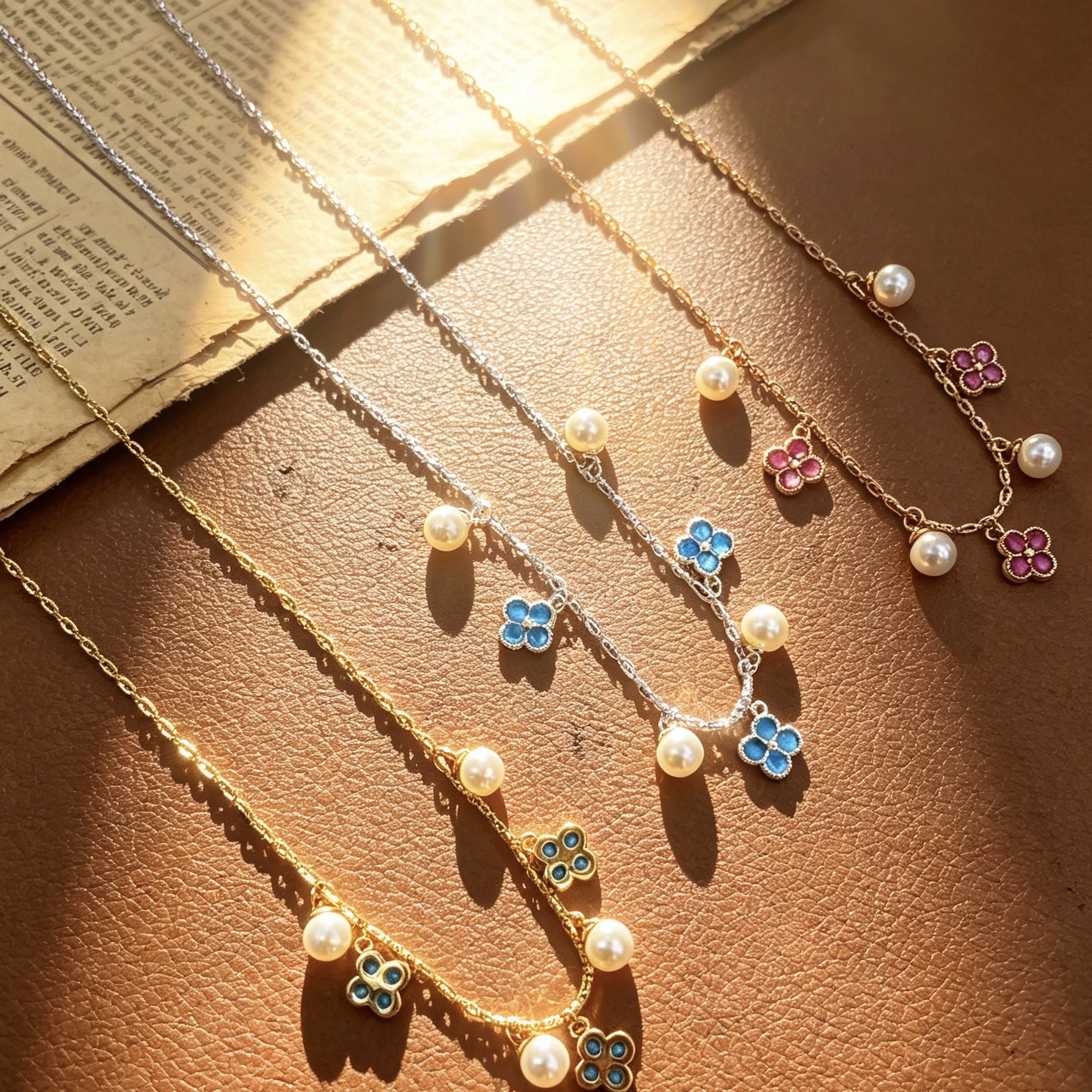 Colorful four-leaf clover pearl tassel necklace, multi-color zirconium-inlaid flower collarbone chain, light luxury and niche layered accessory wholesale Specification image