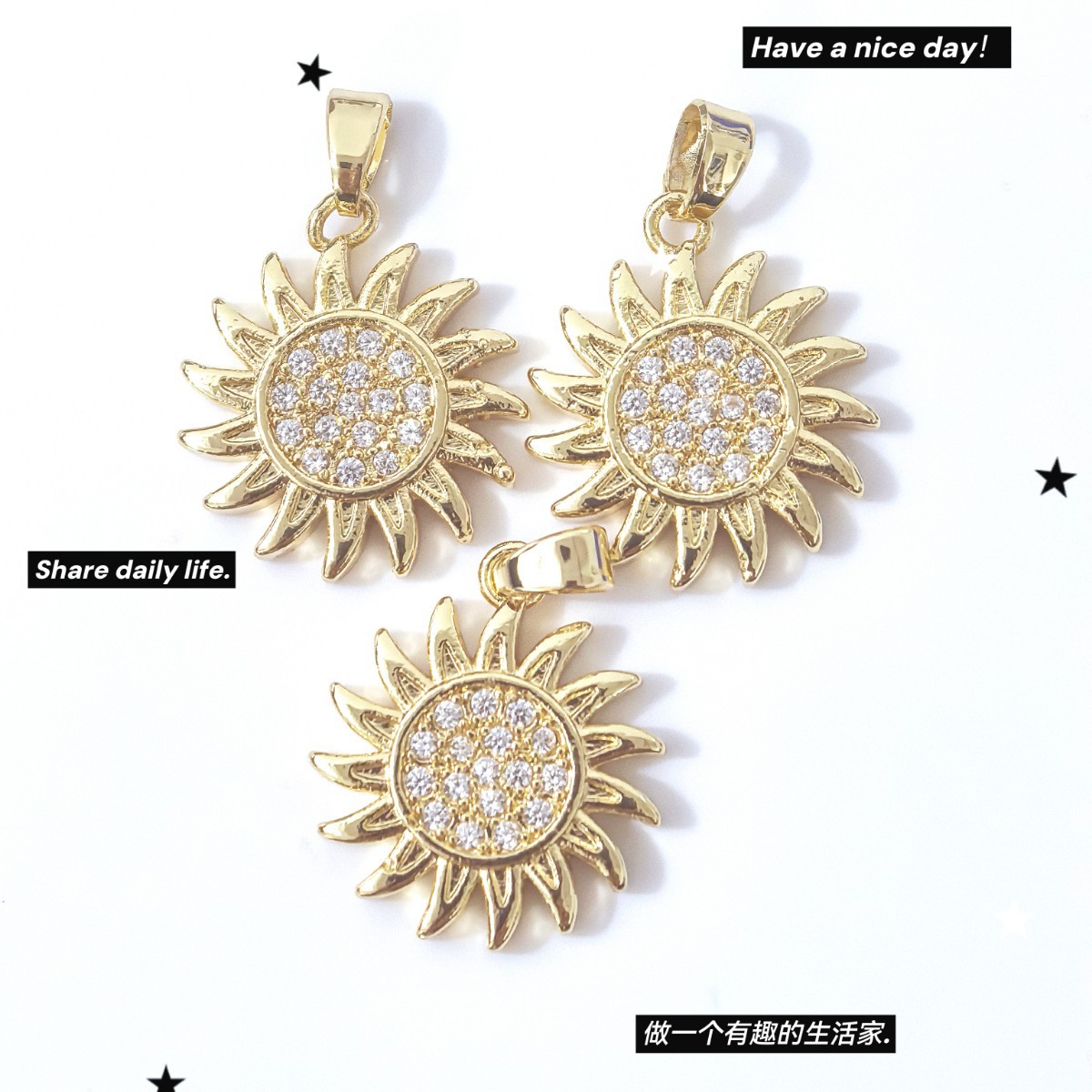 Fashionable and versatile DIY semi-finished products with micro-inlaid copper plated sunflower jewelry accessories, popular star and moon pendant accessories in Europe and America details Picture