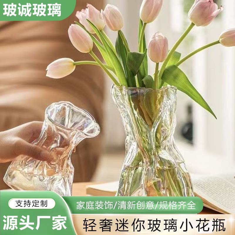 简约创意褶皱钱袋透明玻璃花瓶大口径客厅桌面插花水养装饰摆件