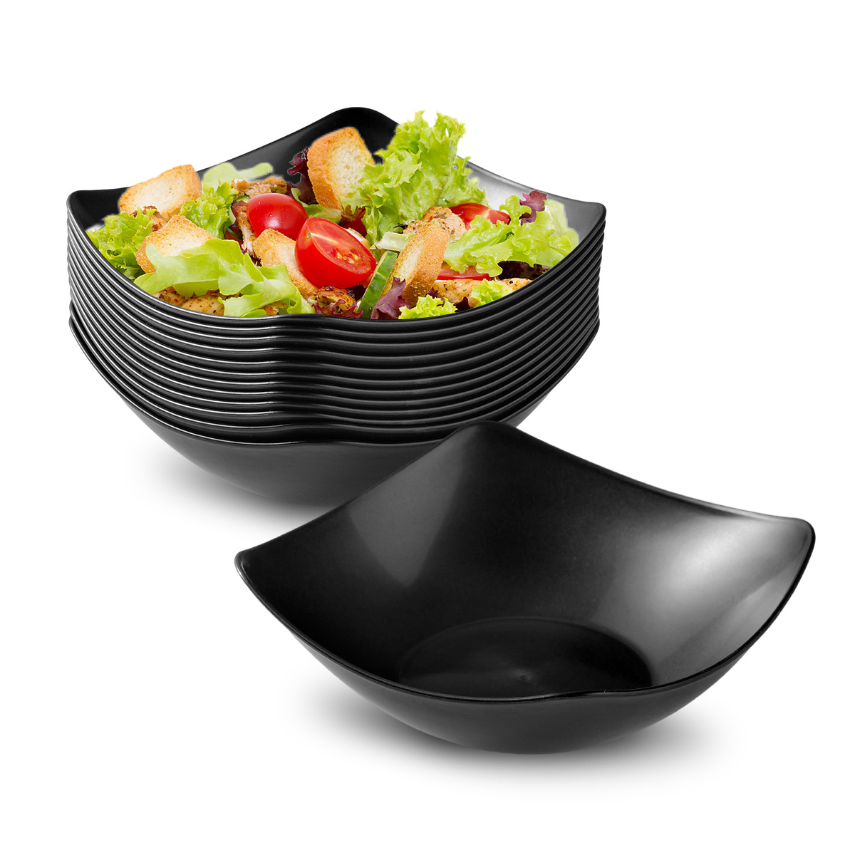 Cross-border microwave-safe black plastic plates, four-corner bowls, household high-quality appearance level vegetable bowls and plates, salad bowls, deep soup plates full image