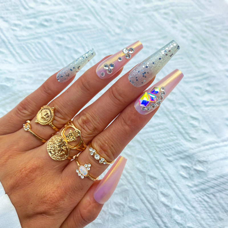 Wholesale of new cross-border artificial nails, extended trapezoidal ballet nail plates, diy nail art with rhinocones, and long wearable nails from Europe and America Specification image