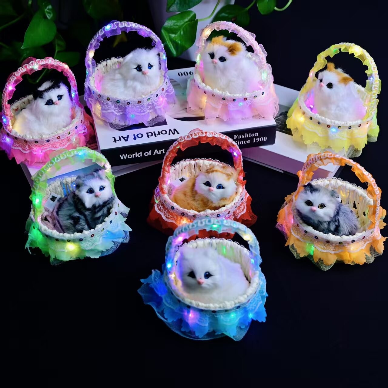 The illuminated basket simulation cat can call the little cat simulation toy, the fur simulation animal model toy, the flower basket cat details Picture