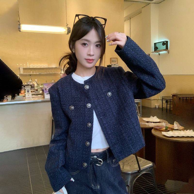 Navy blue short chanel-style coat for women, a new single-breasted retro high-end loose long-sleeved top for autumn and winter 2025