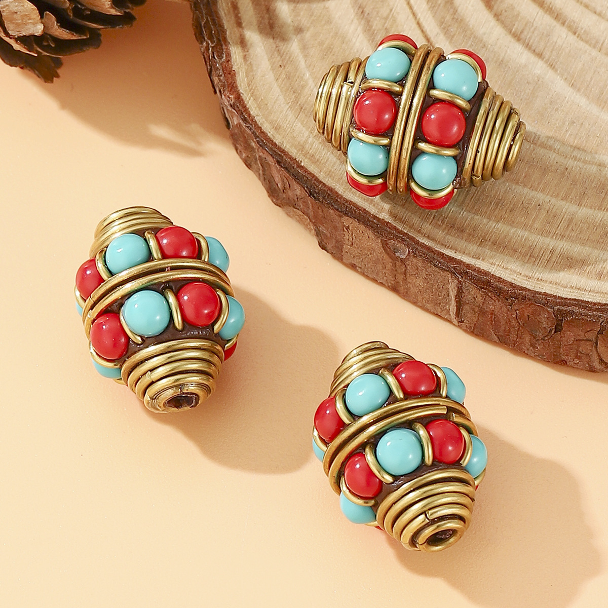 2024 New style Tibetan Nepalese beads, retro hand-inlaid red and blue beads, barrel beads, DIY jewelry accessories, brass round
